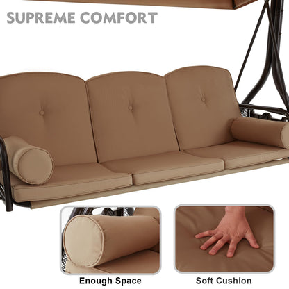 HOMREST 3 Seat Outdoor Porch Swing with Adjustable Canopy, Convertible Patio Swing Bed with Stand, Patio Glider Swing with Upgraded Cup Holder, Thicken Cushions ＆ Pillow for Backyard(Brown)