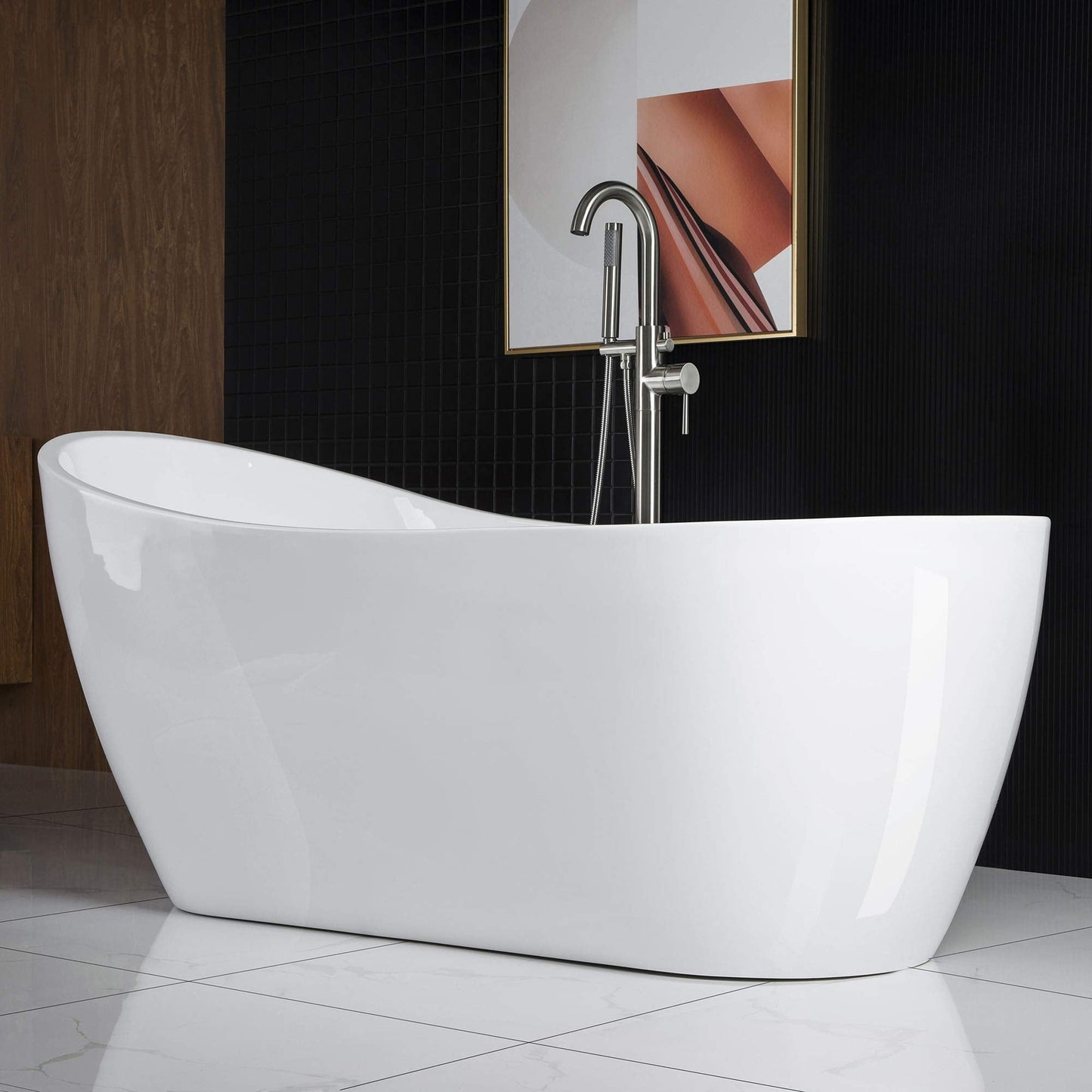 WOODBRIDGE 67" Acrylic Freestanding Bathtub Contemporary Soaking White Tub with Brushed Nickel Overflow and Drain，B-0001-BN