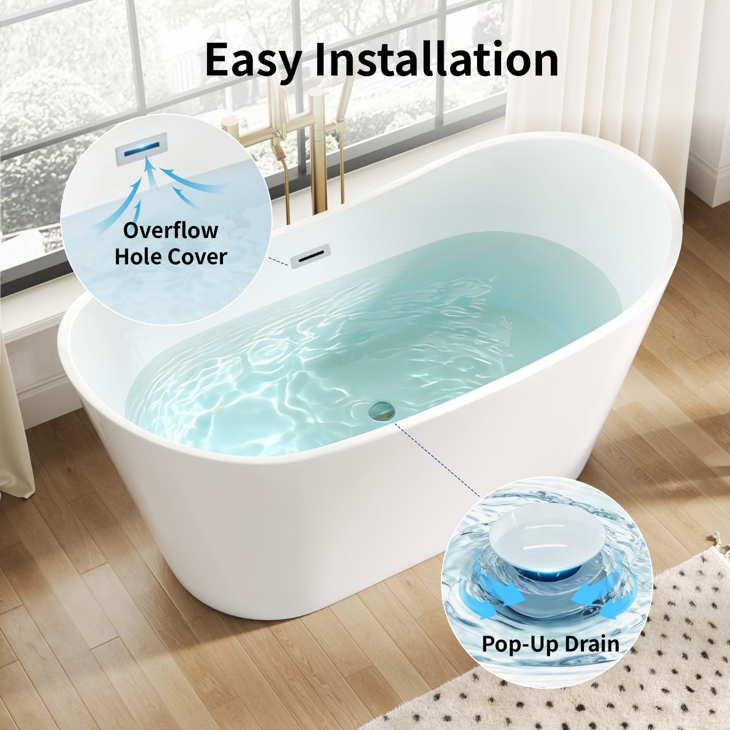 DeerValley 59" Free Standing Bathtub, Acrylic Soaking Tub with Center Drain & Integrated Overflow, Modern Standalone Shower Tub White, Deep Soaker, Ergonomic Design, DV-1T151S
