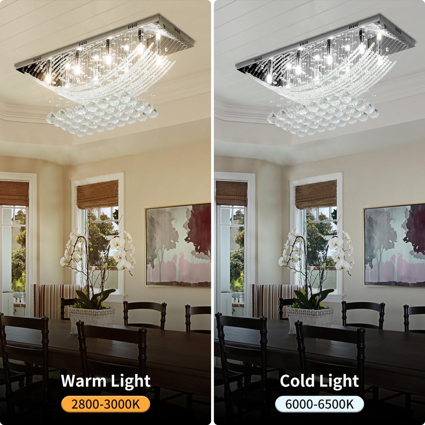 Silver Rectangle Crystal Raindrop Chandelier for Living Room, 8 Lights Modern Flush Mount Crystal Ceiling Light Fixture Pendant Lamp for Kitchen Island, Dining Room, Closet, Wedding Decor of CRYSTOP