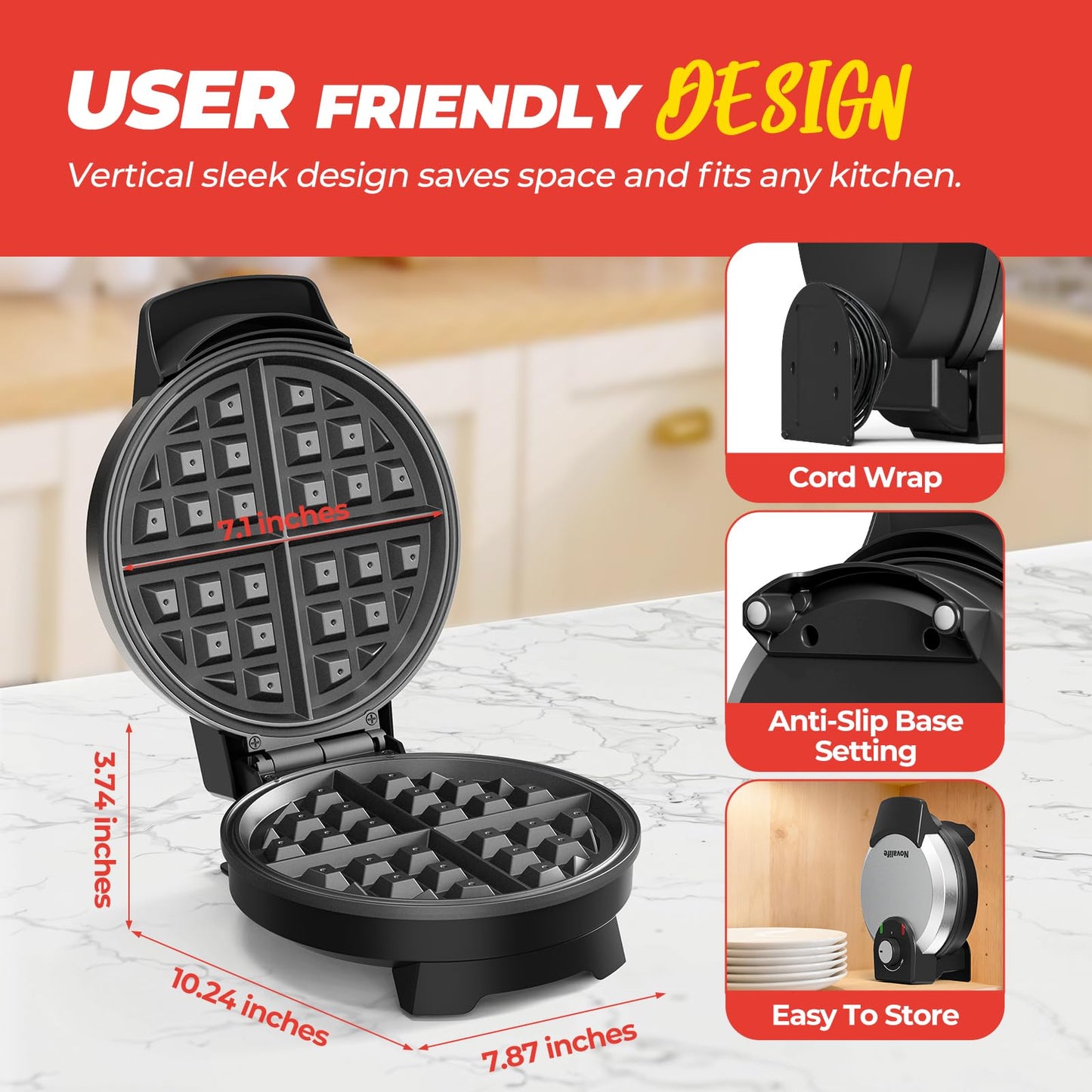 Waffle Maker, 7“ Round Classic Belgian Waffle Iron, Adjustable Browning Control, Easy-Clean Nonstick Plates & Cool Touch Handle, Space Saving Storage, Stainless Steel