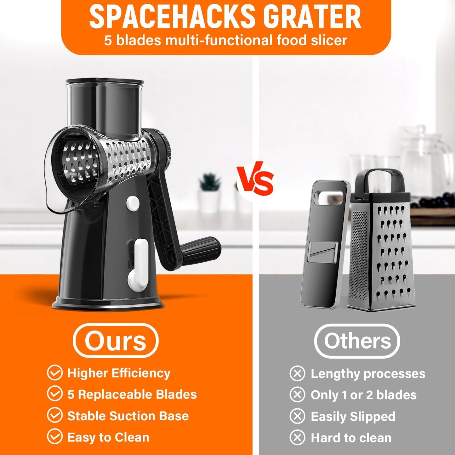 SpaceHacks Rotary Cheese Grater Hand Crank, with 5 Blades for Chopper Shredder Spiralizer Slicer for Vegetable Cheese Fruit, Food Chopper for Kitchen with Blades Storage Box & Suction Base (Black)