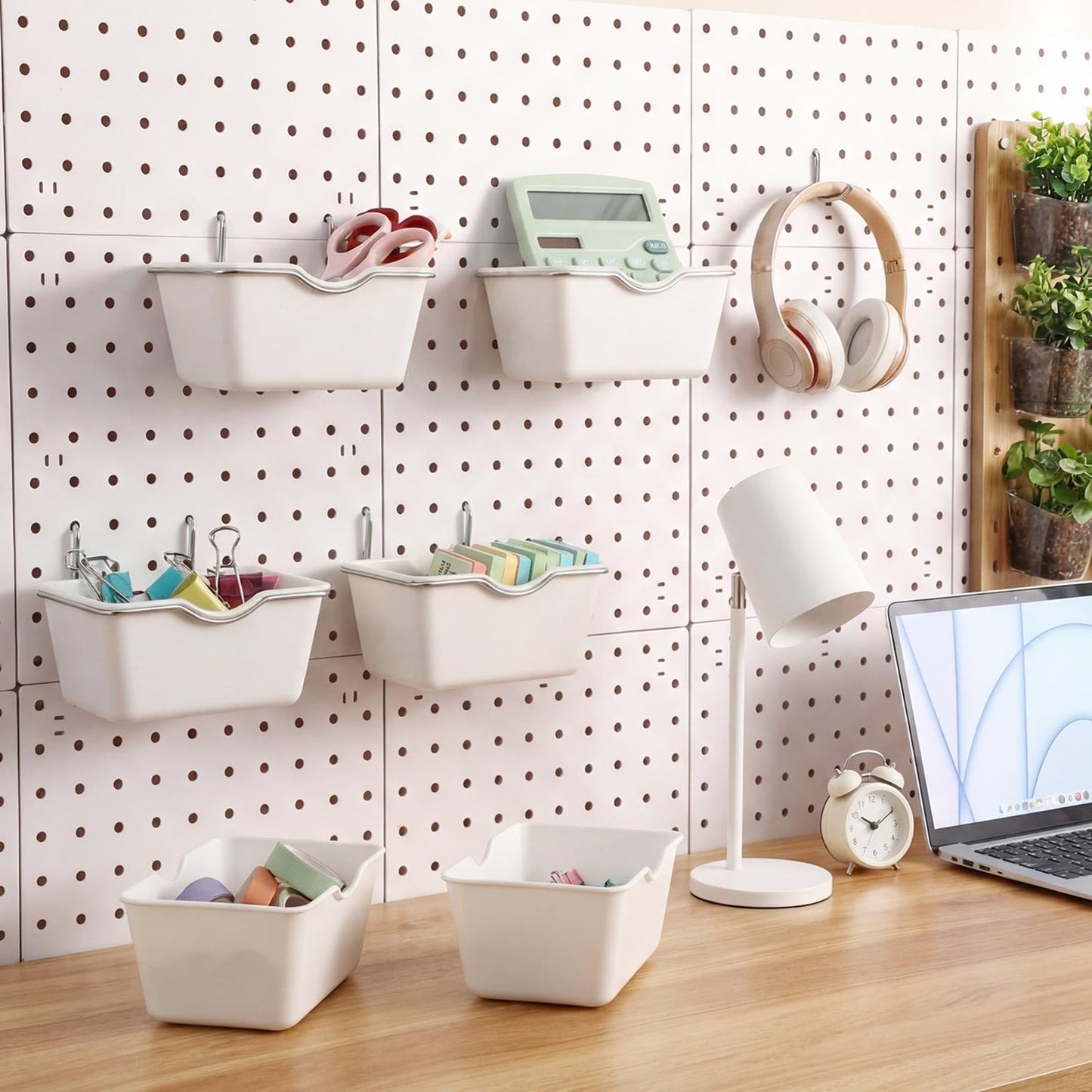Willinglong 6 Sets Large Pegboard Bins with Hooks Loop Peboard Accessories Peg Board Hook Assortment Wall Organizer Square Box Shape Peg Board Container for Office Wall Craft Supplies Garage (White)