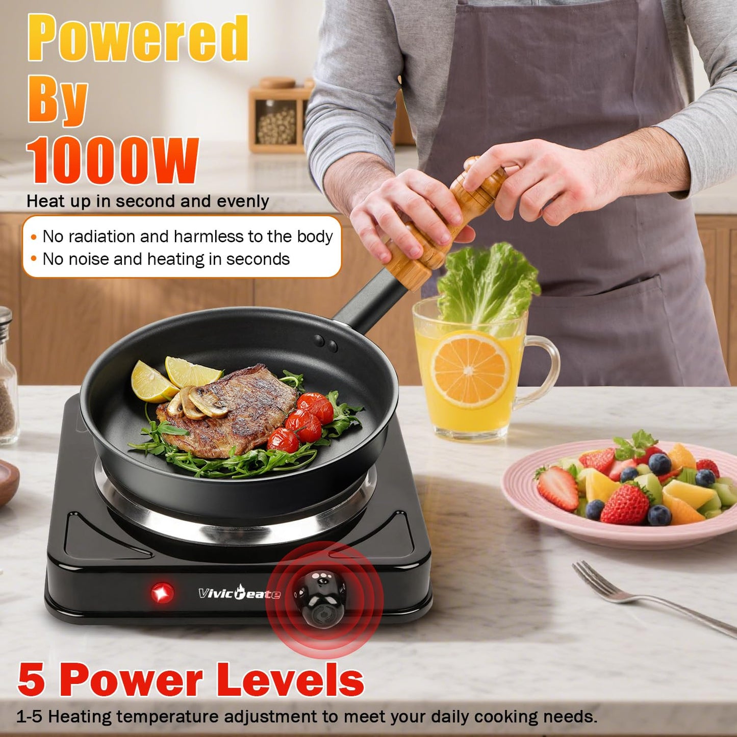 Vivicreate Electric Hot Plate, Portable Countertop Electric Cooktop, Adjustable Temperature Control, 110V Extra Burner for Apartment, Dorm, RV, Small Kitchen (Single Cast Iron Burner)
