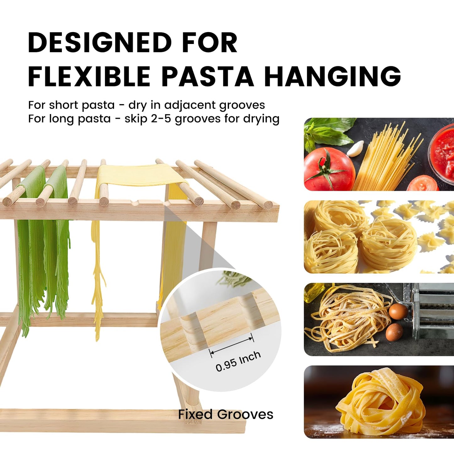 VAZINE Pasta Drying Rack, Wooden Noodle Drying Rack for Pasta with 12 Detachable Rods & Fixed Grooves, Effortless Pasta Transfer, Holds Short/Long Noodles