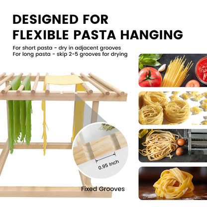 VAZINE Pasta Drying Rack, Wooden Noodle Drying Rack for Pasta with 12 Detachable Rods & Fixed Grooves, Effortless Pasta Transfer, Holds Short/Long Noodles