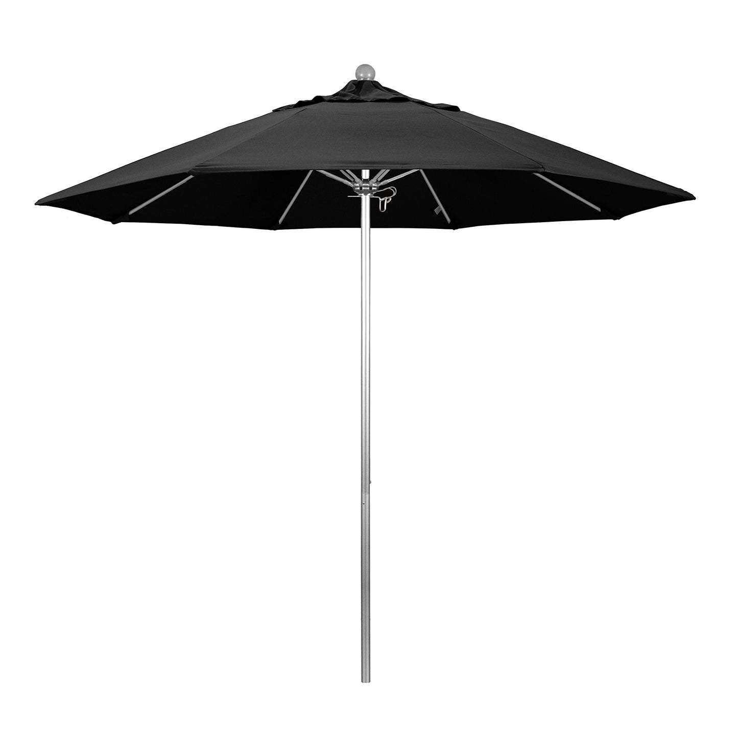 California Umbrella 9' Round Aluminum/Fiberglass Umbrella, Push Open, Silver Pole, Olefin Black Fabric