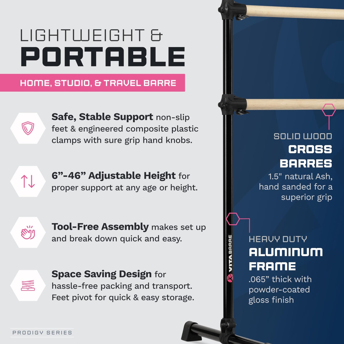 VITA Barre Portable Freestanding Double Ballet Barre, Prodigy, 8 Ft Bars, Black | Adjustable Height, USA Made, Home or Gym Exercise Equipment for Kids & Adults | Dance, Fitness, Pilates
