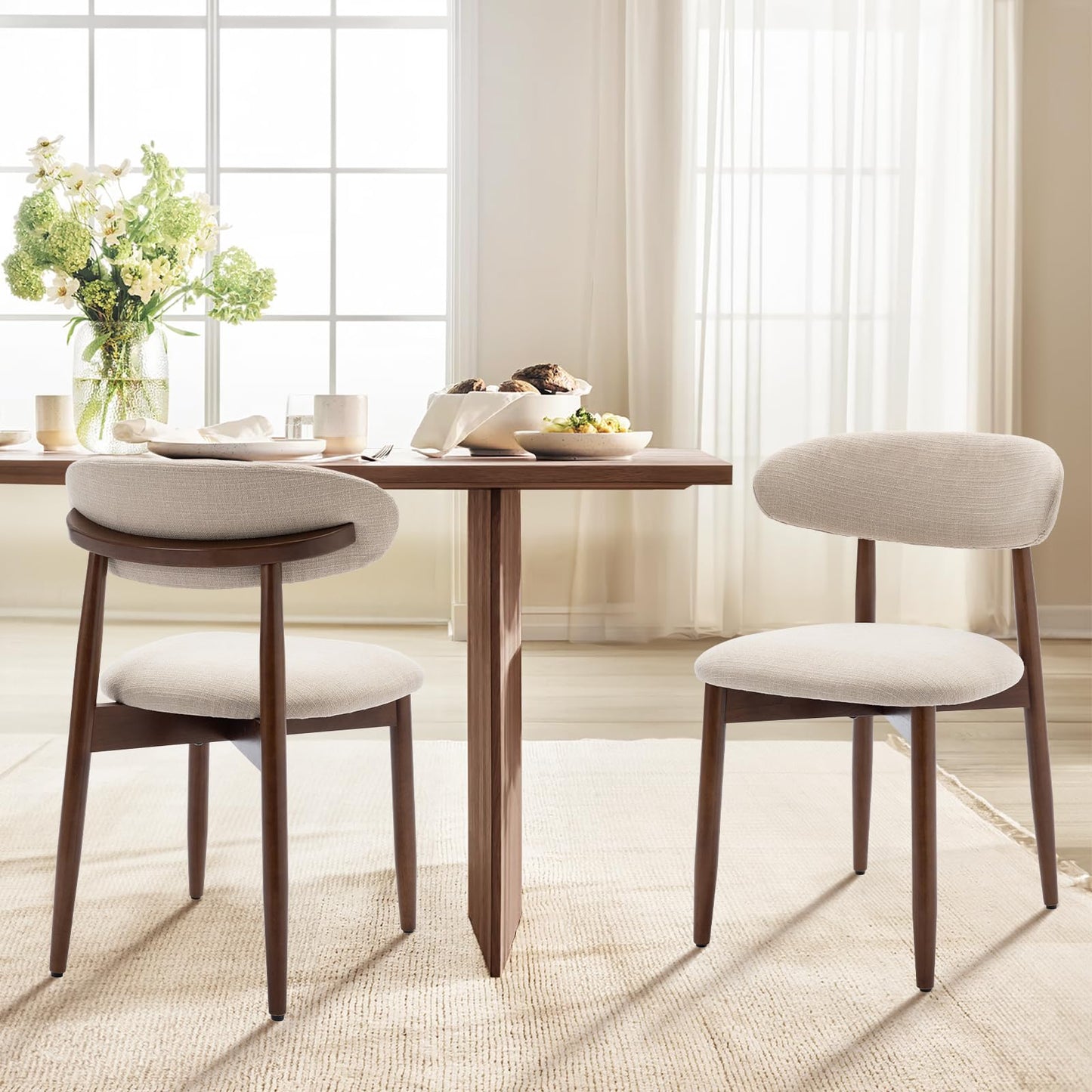 COLAMY Wooden Dining Chairs Set of 6, Modern Fabric Upholstered Dining Room Chair, Farmhouse Kitchen Side Chairs with Foot Pegs, Beige