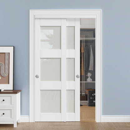 Paintable Sliding Closet Doors, 48" x 80" Bypass Slidng Door Panels with Hardware Kit, 3-Lite Frosted Glass Panle Door Slab Shaker for Bedroom/Closet/Barn - Assemble Required