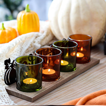 SYFURNIX Thanksgiving Centerpieces Glass Tealight Votive Candle Holder Include 1 Candle Tray & 4 Candle Holders Fall Thanksgiving Table Decorations Indoor