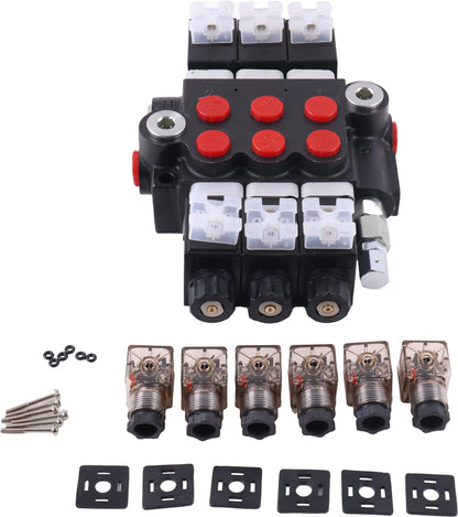 Solarhome 3 Spool Solenoid 12V DC Hydraulic Control Valve Open Center Double Acting 13 GPM 3600 PSI SAE Ports Compatible With Tractors Loaders Log Splitters