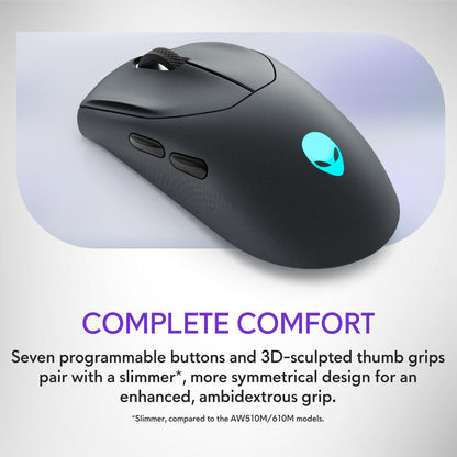 Alienware Wired/Wireless Gaming Mouse AW610M - 16000 DPI Optical Sensor, 350 Hour Rechargeable Battery, 7 Buttons, 3-ZONE 16.8m AlienFX RGB Lighting, Ergonomic - Dark Side of the Moon
