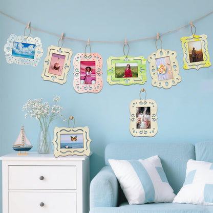 KitsyKraft DIY Wooden Photo Frame Craft Kit - 24 Pcs Unfinished Frames, 2 Rhinestone Sheets & 10m Twine for Personalized Home Decor