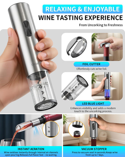 CIRCLE JOY Electric Wine Opener 7-in-1 Stainless Steel Rechargeable Electric Wine Bottle Opener Set with Automatic Vacuum Pump, Foil Cutter, Wine Pourer, 2 Vacuum Stoppers & Charging Station, Silver