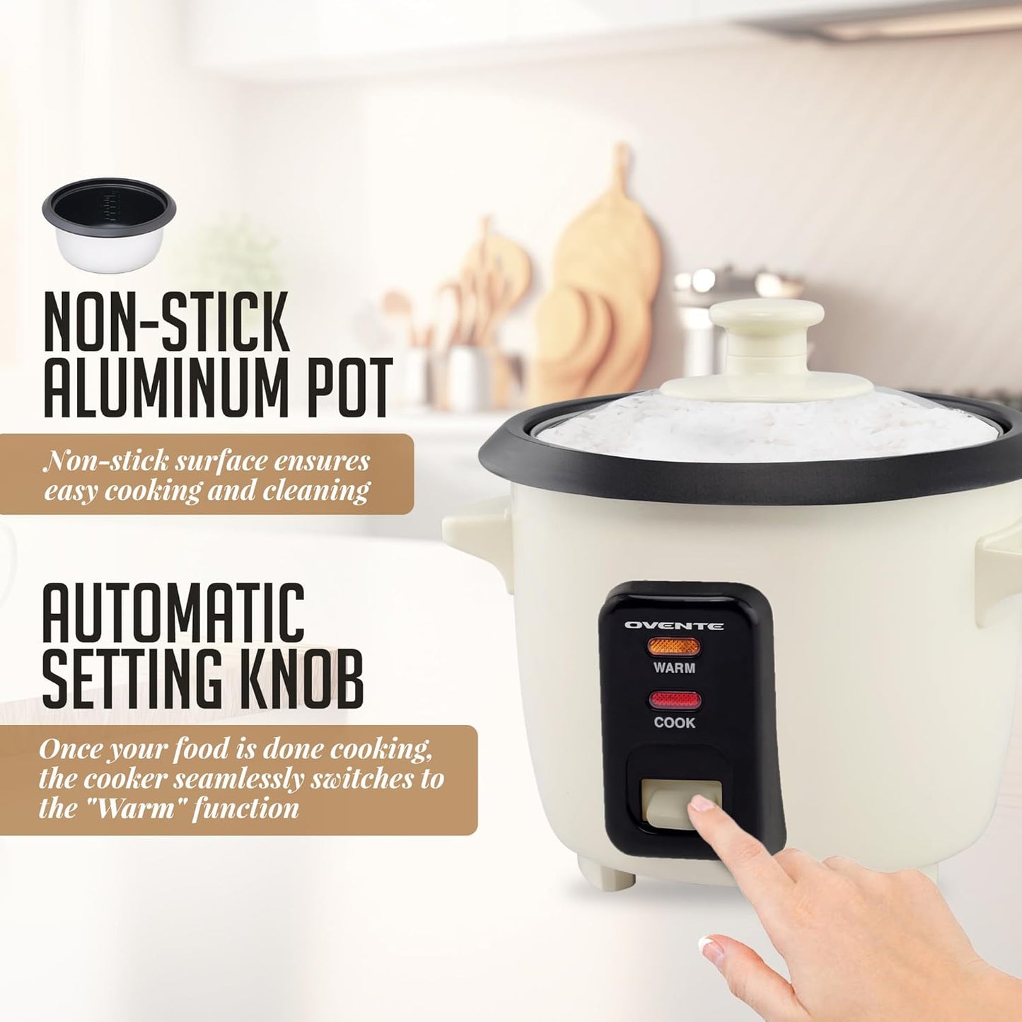 OVENTE Electric Rice Cooker, Non-Stick Aluminium Pot, Automatic Keep Warm, 4-Cup Cooked Rice