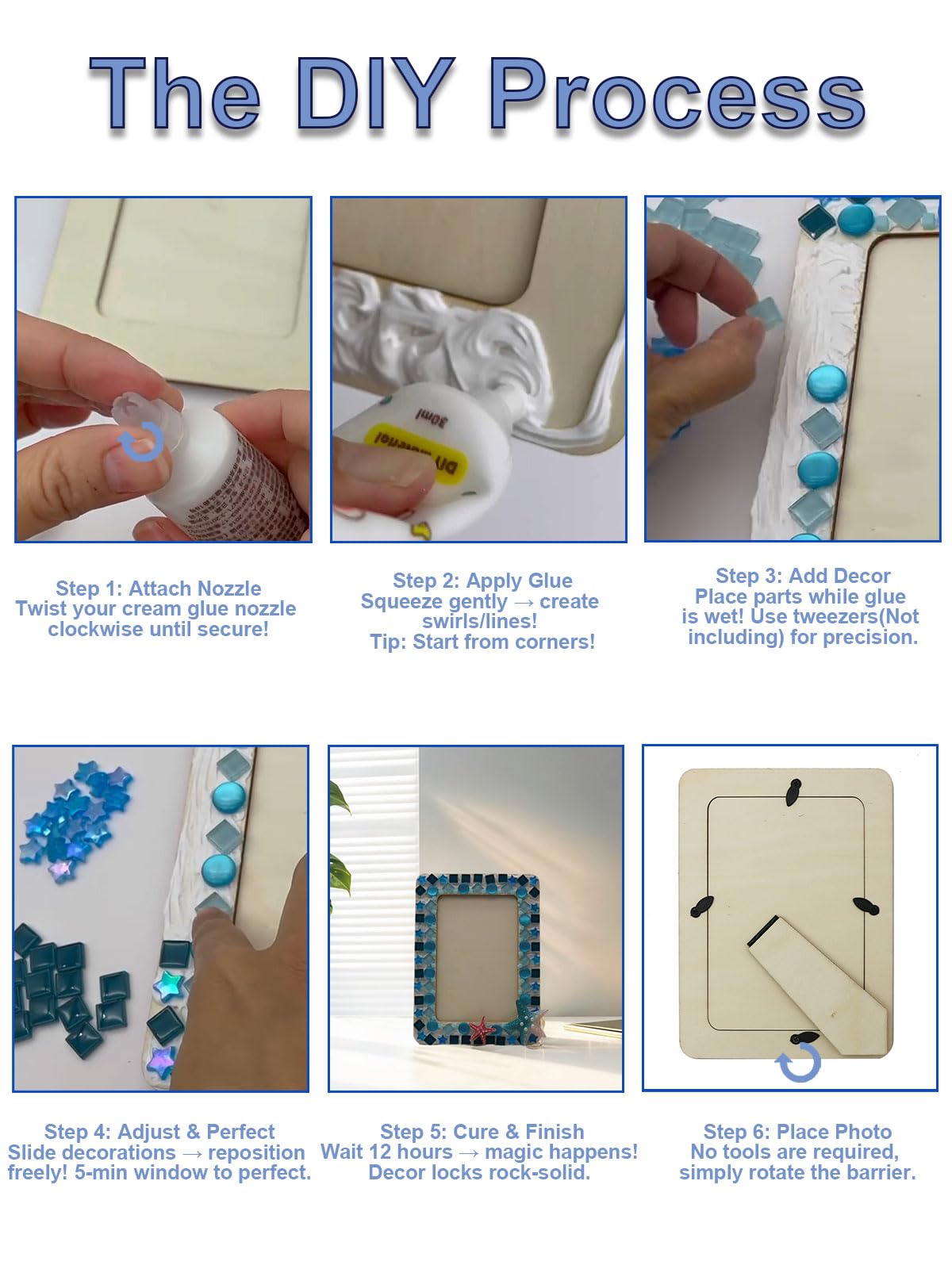 Fenzonmic DIY Wooden Photo Frame Kit 2-Pack, Includes Cream Glue Gun & Resin Decor (Shells, Pearls, Sea-Themed) for 4x6 Inch (10x15cm) Pictures, Creative Craft Gift for Friends and Family