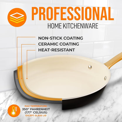 NutriChef 8-Inch Professional Ceramic Frying Pan, Small Skillet with Golden Titanium Handle, Non-Stick