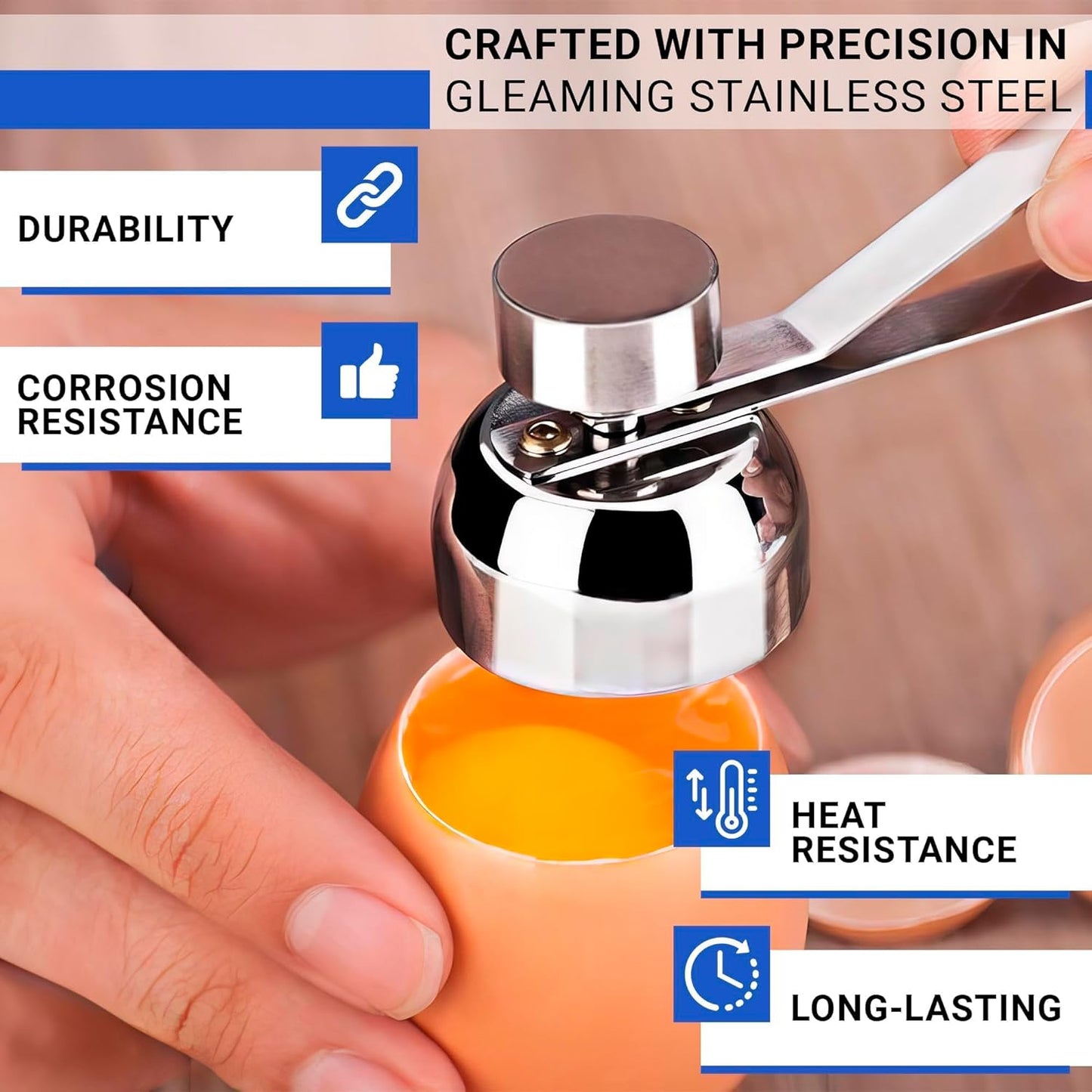 Egg Cracker Tool for Raw Eggs - Stainless Steel Shell Opener with Ergonomic Design, Adjustable Effort, Durable Build