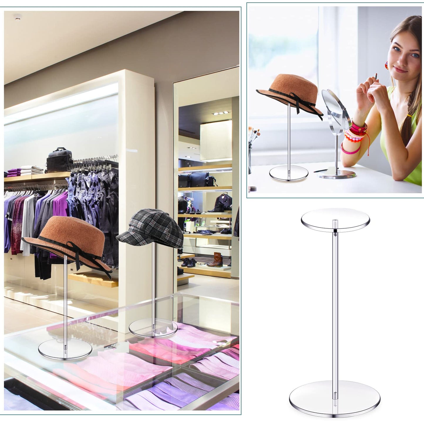 Chunful 4 Sets Acrylic Hat Stand Holder Wig Display Rack Clear Pedestal Stand Baseball Hat Rack Round Acrylic Risers for Tabletop Display Watch Jewelry(12 Inch)
