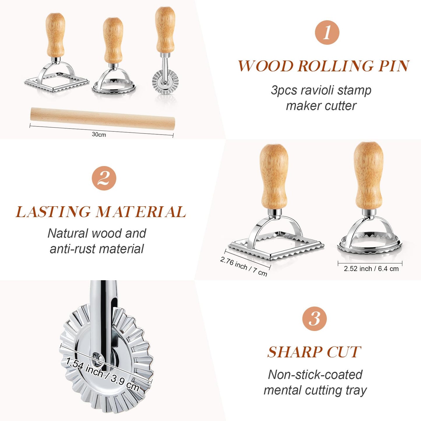 Geetery 5 Pcs Ravioli Mold Set 2.7 Inch Squares Ravioli Maker Cutter Include 1 Raviolis Maker Press 3 Pasta Cutter Stamp Makers 1 Wood Rolling Pin Pasta Making Tool for Home Kitchen Supplies (6 Holes)