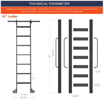 HARDJULAN 87" Telescopic Sliding Library Ladder with Handrail – Lightweight Aluminum Rolling Ladder with Braking Wheels, 3.3FT Hook Ladder Track Kit for Home, Loft, and Bookshelves