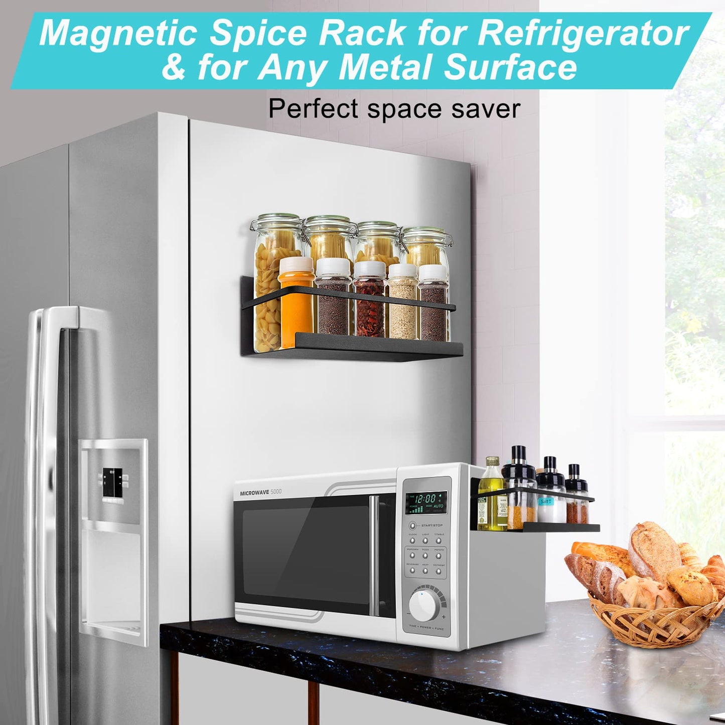 Feokely 2 Pack Premium Quality Magnetic Spice Rack for Refrigerator, Strong Magnetic Spice Rack for Holding Jars, Perfect Space Saving Magnetic Shelf