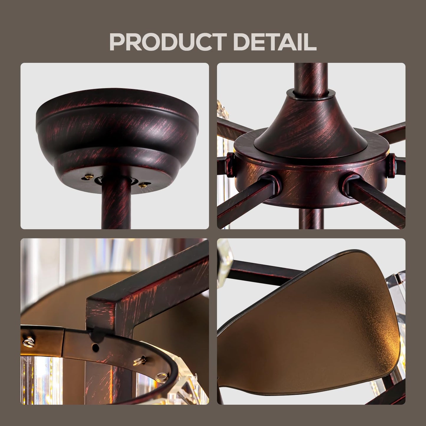 MOOONICHE 27" Crystal Chandelier Ceiling Fan 6-Light Vintage Flush Mounted Fandelier Reddish Brown Ceiling Fans with Lights and Remote for Bedroom Dining Living Room Kitchen Farmhouse Entry