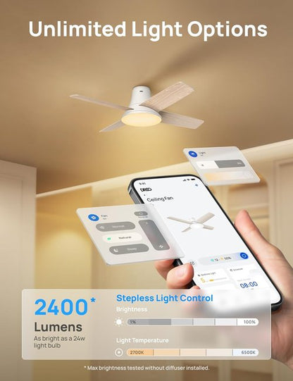 DREO Smart Ceiling Fan - 12 Speeds & 3 Modes - Quiet DC Motor, Dimmable LED, Remote Control - 44'' White