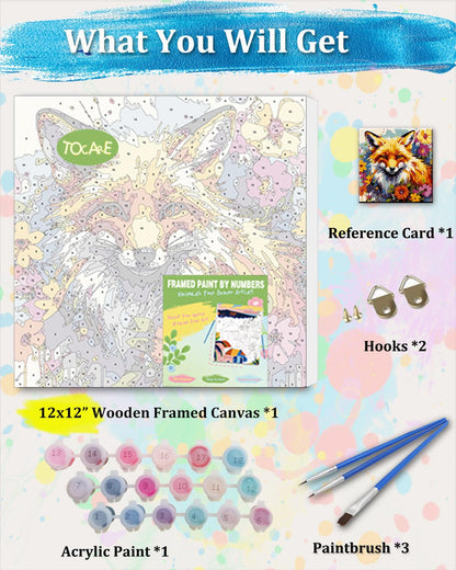 TOCARE Framed Paint by Numbers Kit for Adults & Kids Ages 8-12, 12x12Inch Red Fox Paint by Numbers with Frame, Fox Paint by Number Framed Canvas for Wildlife Animal Lovers (Without Easel)