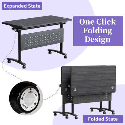 JNMDLAKO Folding Conference Room Table for 6-12 Person, Modular Mobile Large Flip-Top Training Table with Locking Wheels, Modern Rectangular Seminar Meeting Tables for Office (6, Black, 47.2in)