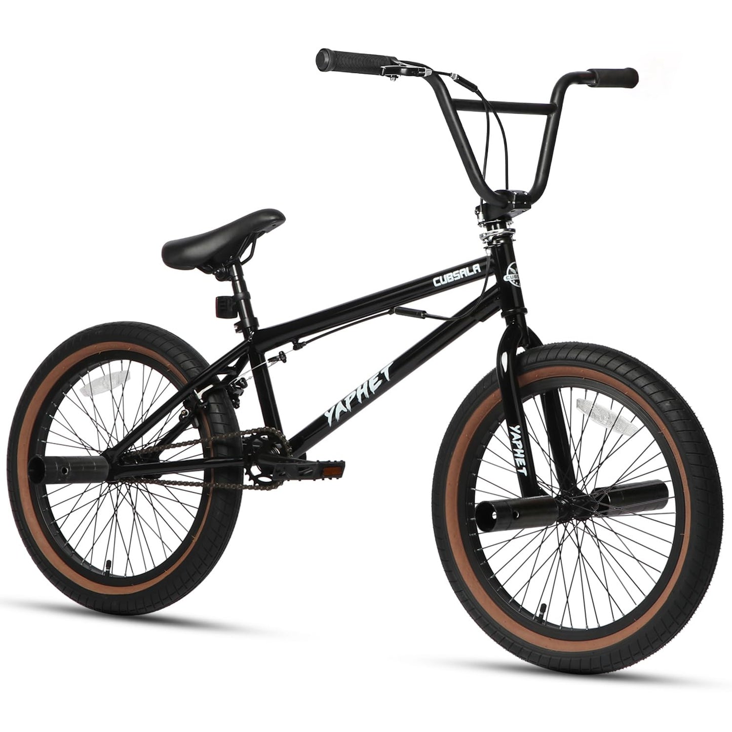 cubsala Freestyle BMX Bike, 20 Inch Yaphet Bicycle for Teen Beginner Adult Riders, Bike with 360° Rotating Handlebar and 4 pegs, Black with Brown Tire