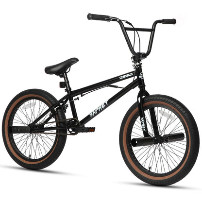 cubsala Freestyle BMX Bike, 20 Inch Yaphet Bicycle for Teen Beginner Adult Riders, Bike with 360° Rotating Handlebar and 4 pegs, Black with Brown Tire