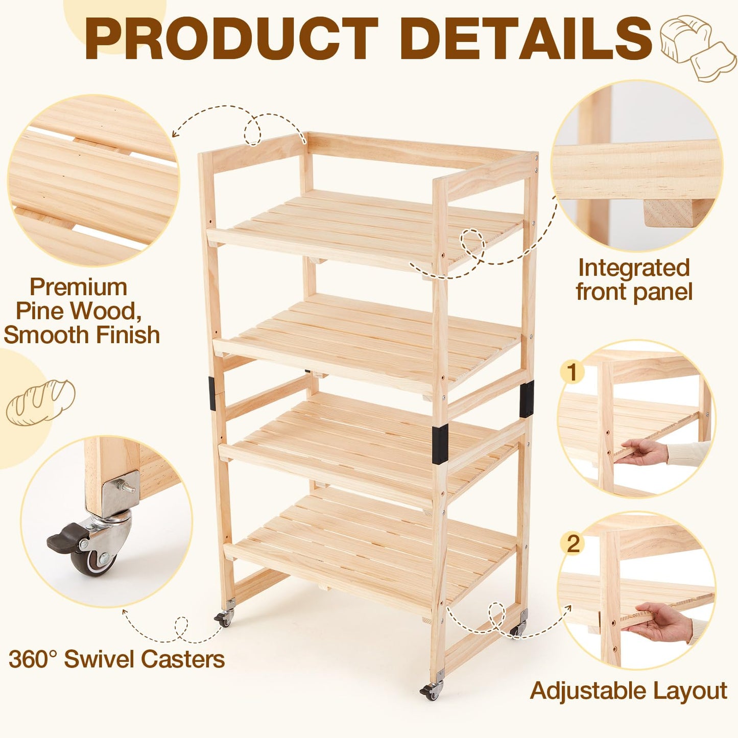 AceOrbit 55" x 30" x 18" 4 Tier Wood Bakery Bread Rack with Angled Shelves Bread Fruit Vegetable Display Shelf Stand for Shop, Pantry, Office, Grocery, Supermarket, Kitchen Organizer