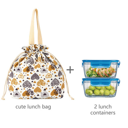 Reusable Lunch Bag - Cute Canvas Tote with Handle and Drawstring Closure for Work, Picnic, Travel (love)