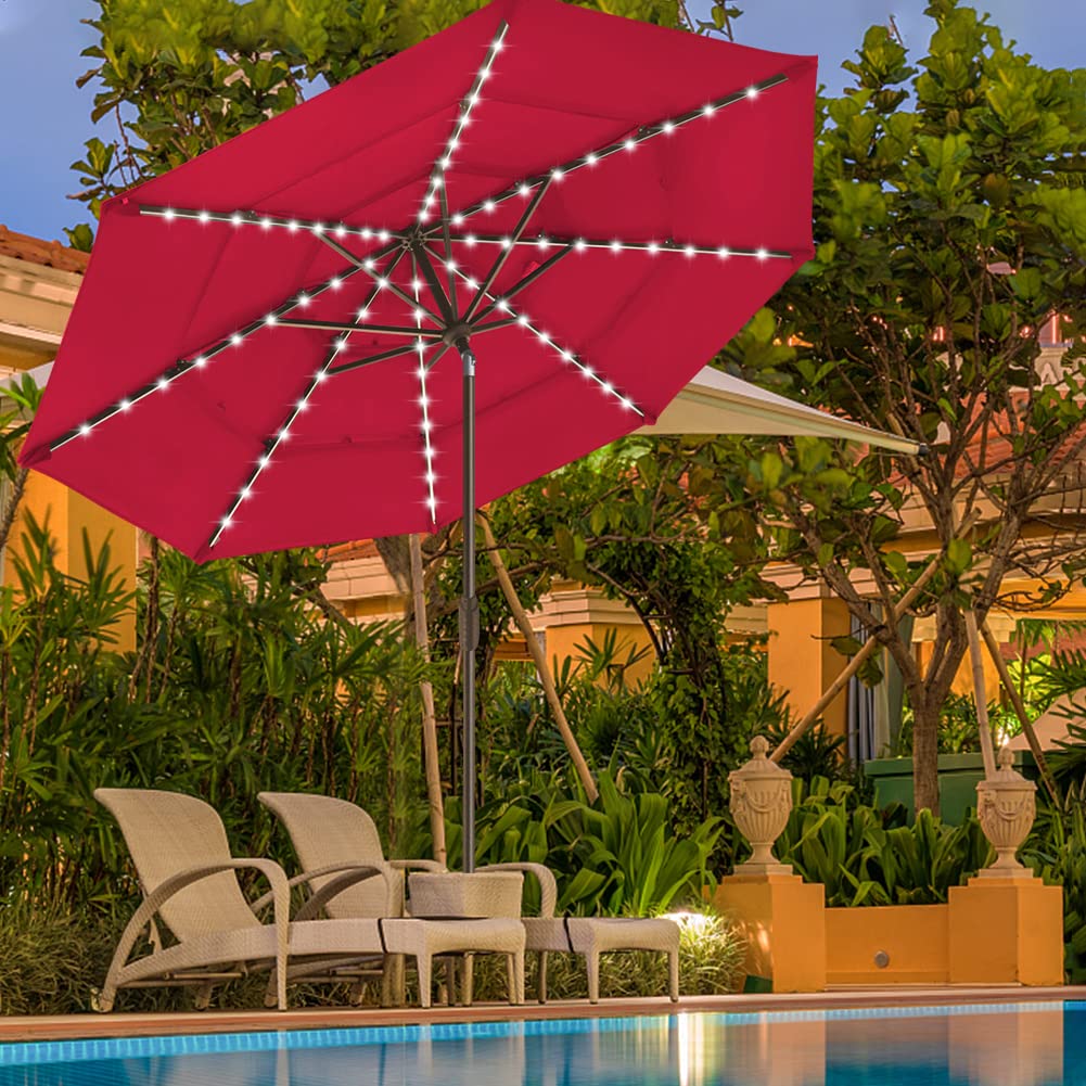 EliteShade USA 10-Year-Non-Fading 9ft 3-Tier Market Patio Umbrella, Commercial Table Umbrella with 80 Solar LED Lights, Crank Open, Windproof & UPF 50+ UV Protection for Garden, Deck, Pool, Backyard, Logo Red