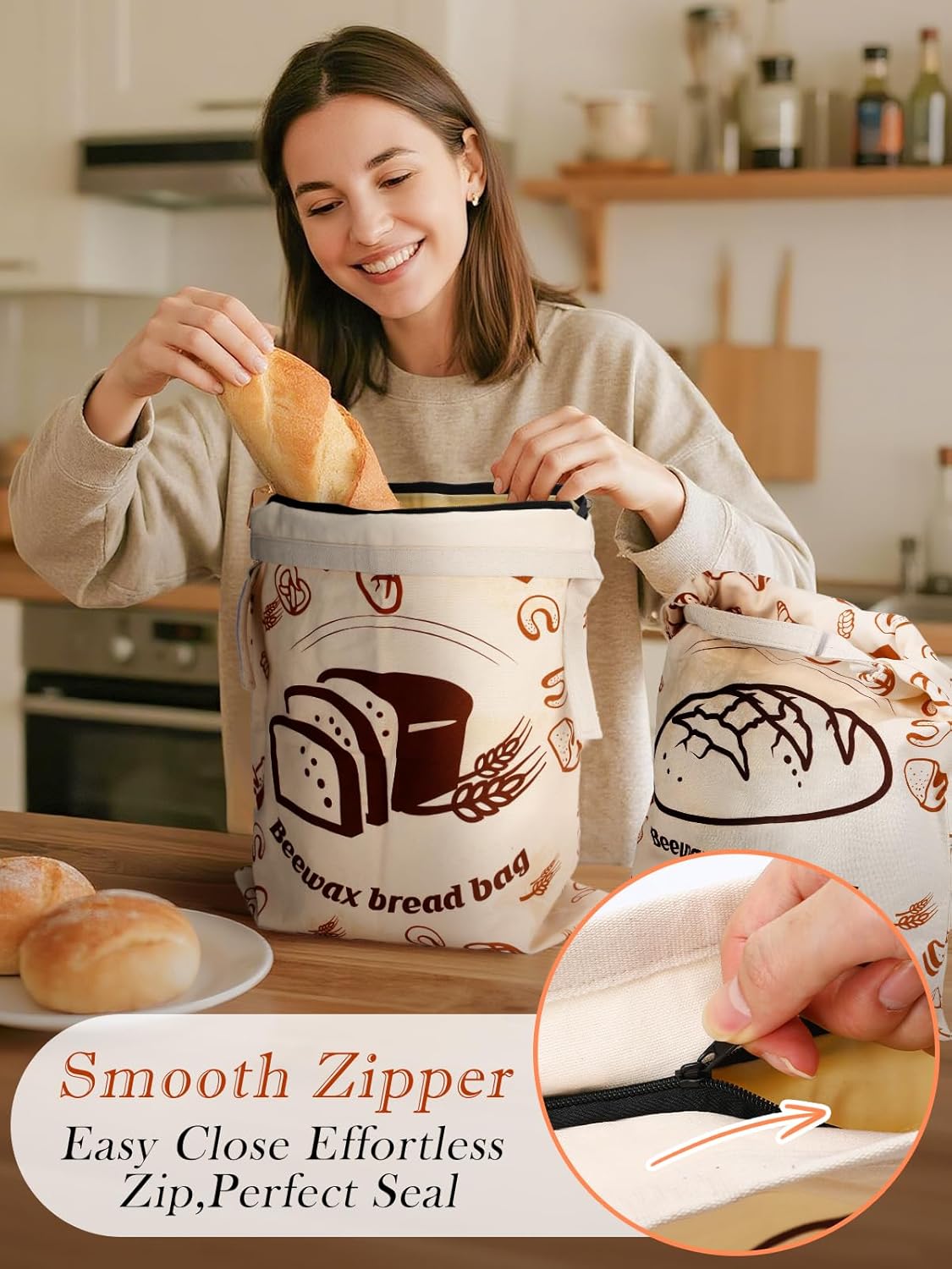 2 13''x16.7'' 2 ANPHSIN pcs Natural Beeswax Bread Bags with Sealing Zipper - Reusable Sourdough Storage Wraps