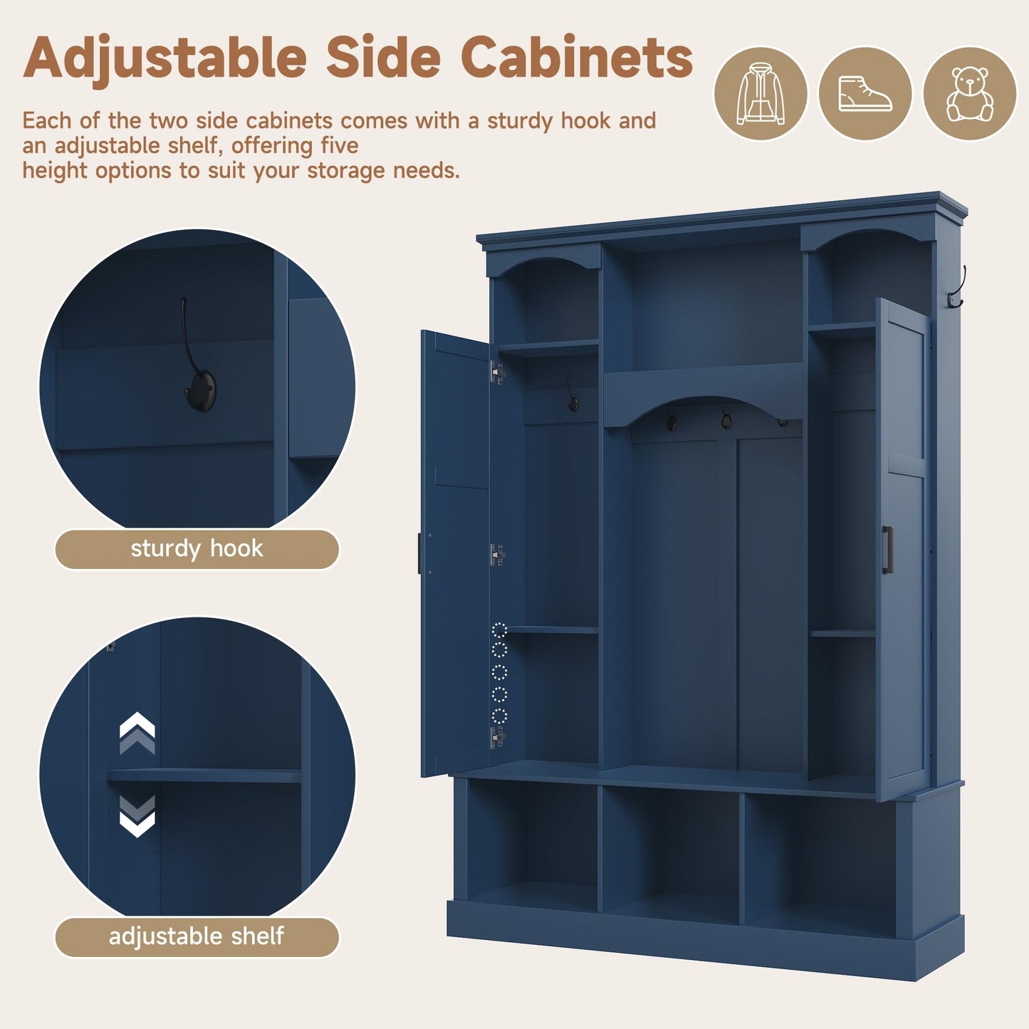 Modern Farmhouse Hall Tree with Adjustable Shelves & 7 Hooks, All-in-One Entryway Organizer, Shoe Cabinet & Storage Bench for Mudroom, Hallway, Classic Arched Design, Dual Side Cabinets (Blue Style6)