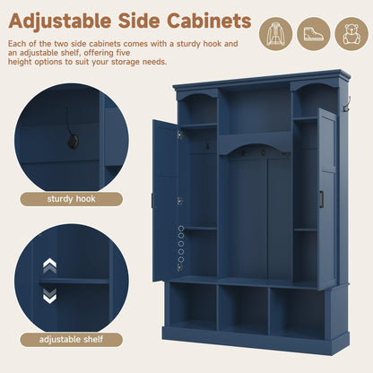 Modern Farmhouse Hall Tree with Adjustable Shelves & 7 Hooks, All-in-One Entryway Organizer, Shoe Cabinet & Storage Bench for Mudroom, Hallway, Classic Arched Design, Dual Side Cabinets (Blue Style6)