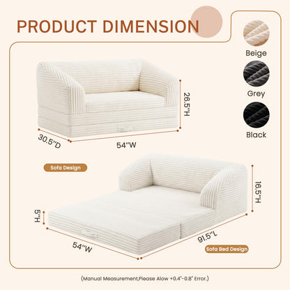 Convertible Boneless Loveseat Sleeper Sofa Bed, Folding Oversized Bean Bag Couch, Comfy Sofa Chairs for Adults with Filling, 54'' Futon Couch Bed, Beige