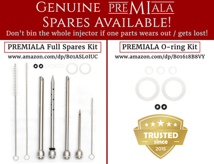 Premiala 304-Stainless Steel Meat Injector - With Marinade Straw! 4 Needles, Spare Orings, Ebook, Spares Available! The Original 2oz Marinade Injector Syringe Kit Creates Juiciest Turkey and BBQ Ever!