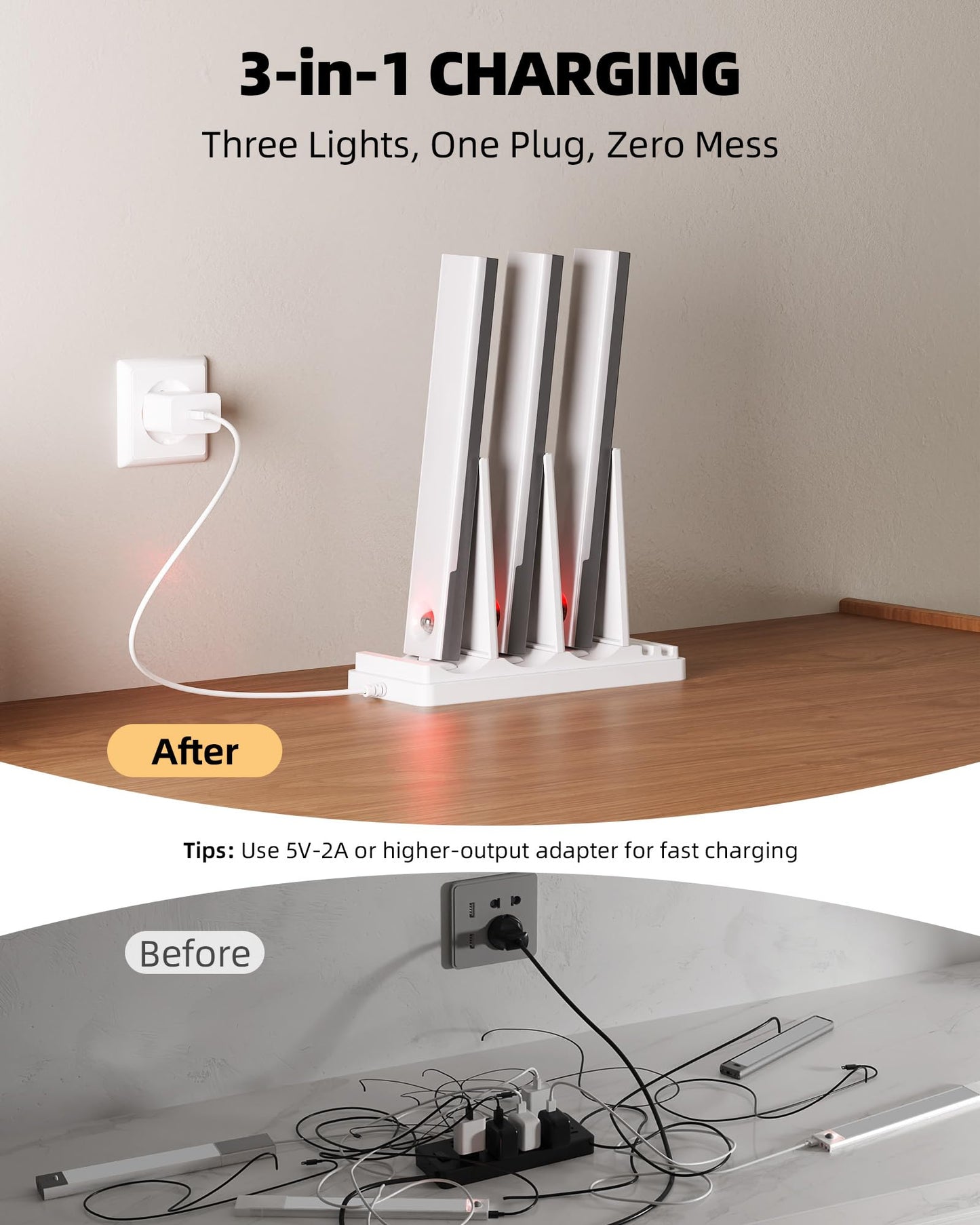 EZVALO 3-Pack Under Cabinet Lighting with Charging Station, 2000mAh Rechargeable Wireless Motion Sensor Lights, 3 Color Temps, Dimmable, Timer, Magnetic, with Remote Control for Kitchen, Closet