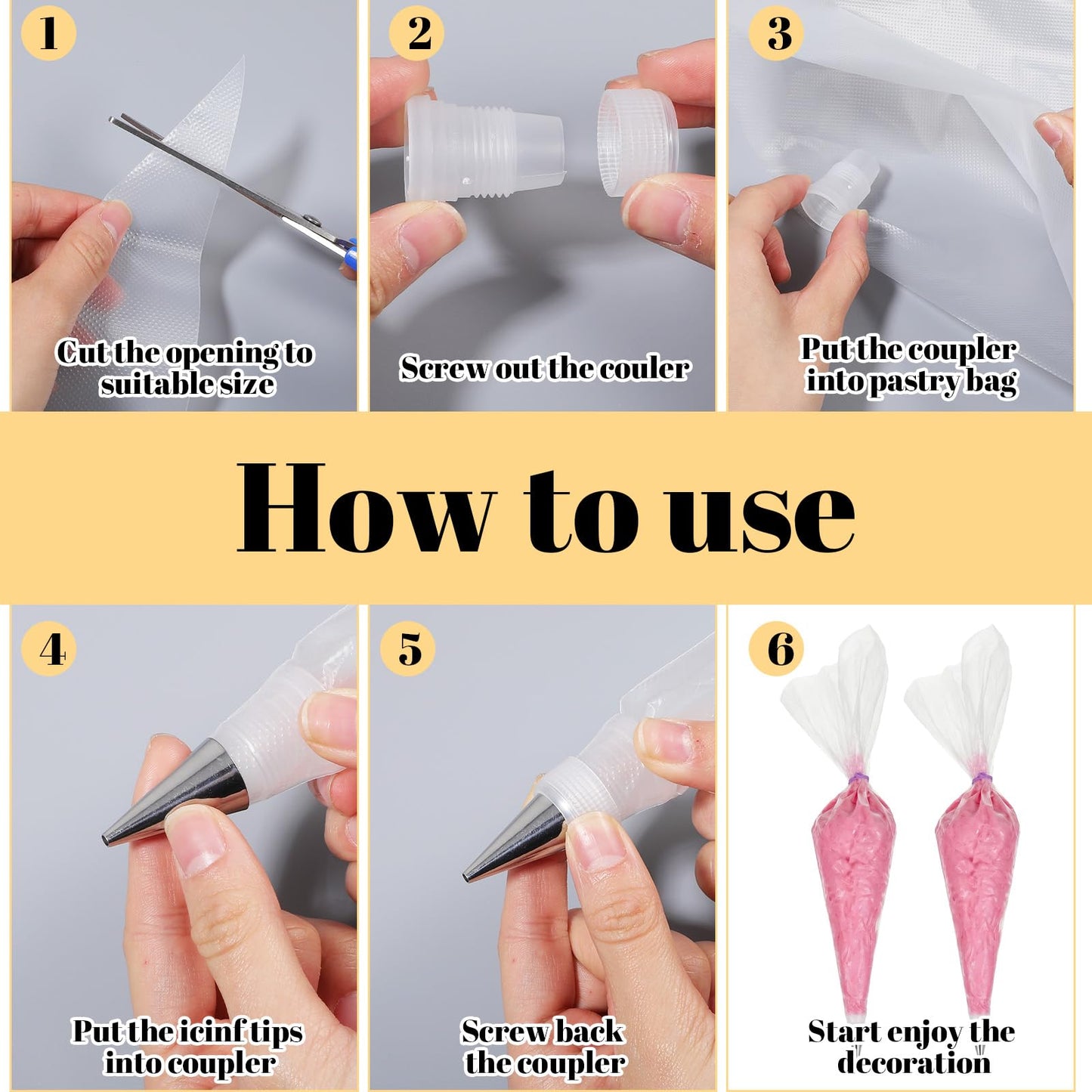 200Pcs Pastry Piping Bags and Tips Set, 24-Inch Disposable Icing Bags for Cake Decorating Kit with 1 Coupler and 6 Stainless Steel Frosting Tips, Professional Cake Supplies