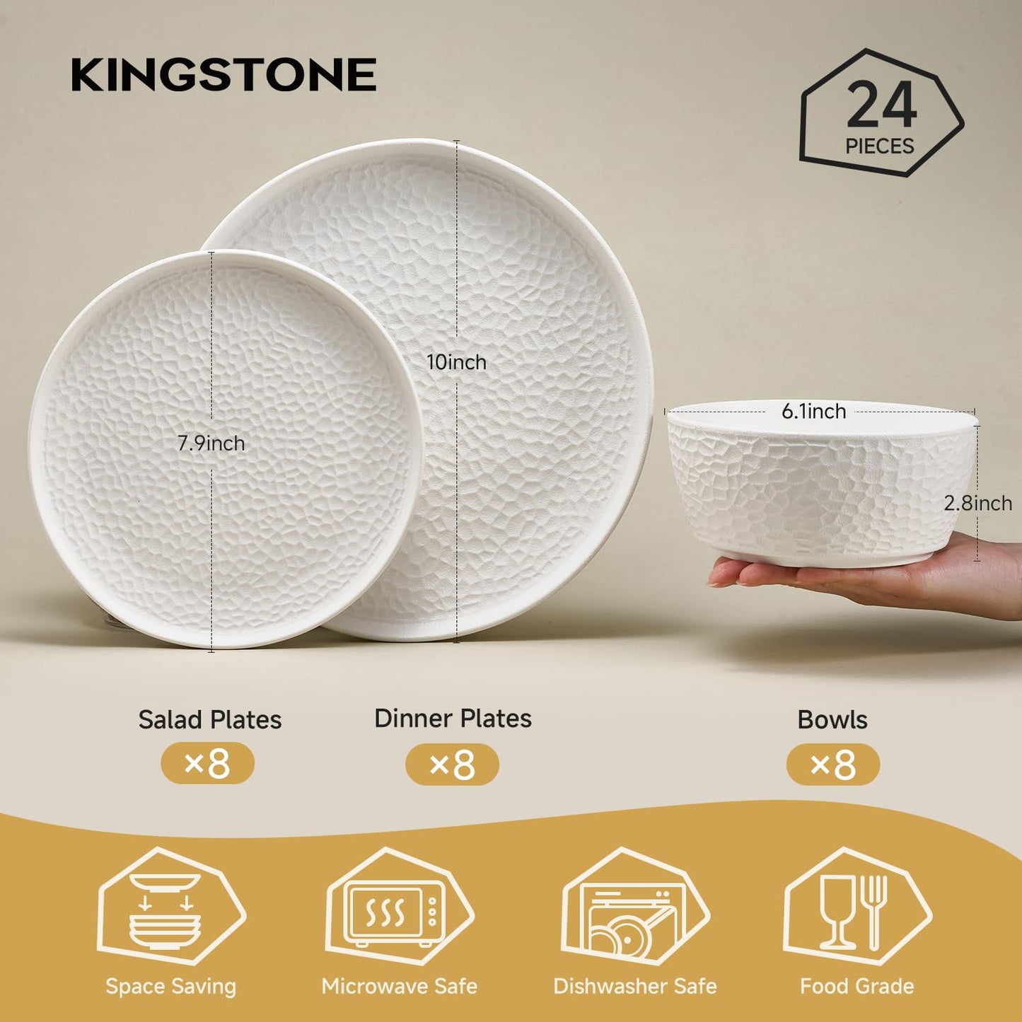 KINGSTONE Ceramic Dinnerware Set, 24-Piece Porcelain Plates and Bowls Set for 8, Matte Black or White, Hammered Texture, Microwave, Dishwasher & Oven Safe, Perfect for Home, Weddings & Gifts