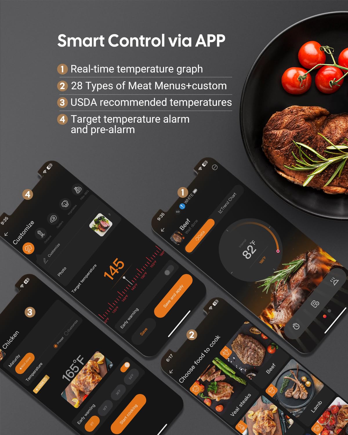 Meat Thermometer Wireless with Dual Probes for Grilling & Smoking | Fitflavor Bluetooth WiFi Meat Thermometer - Smart Meat Probe for BBQ, Oven, Rechargeable IP67 Waterproof