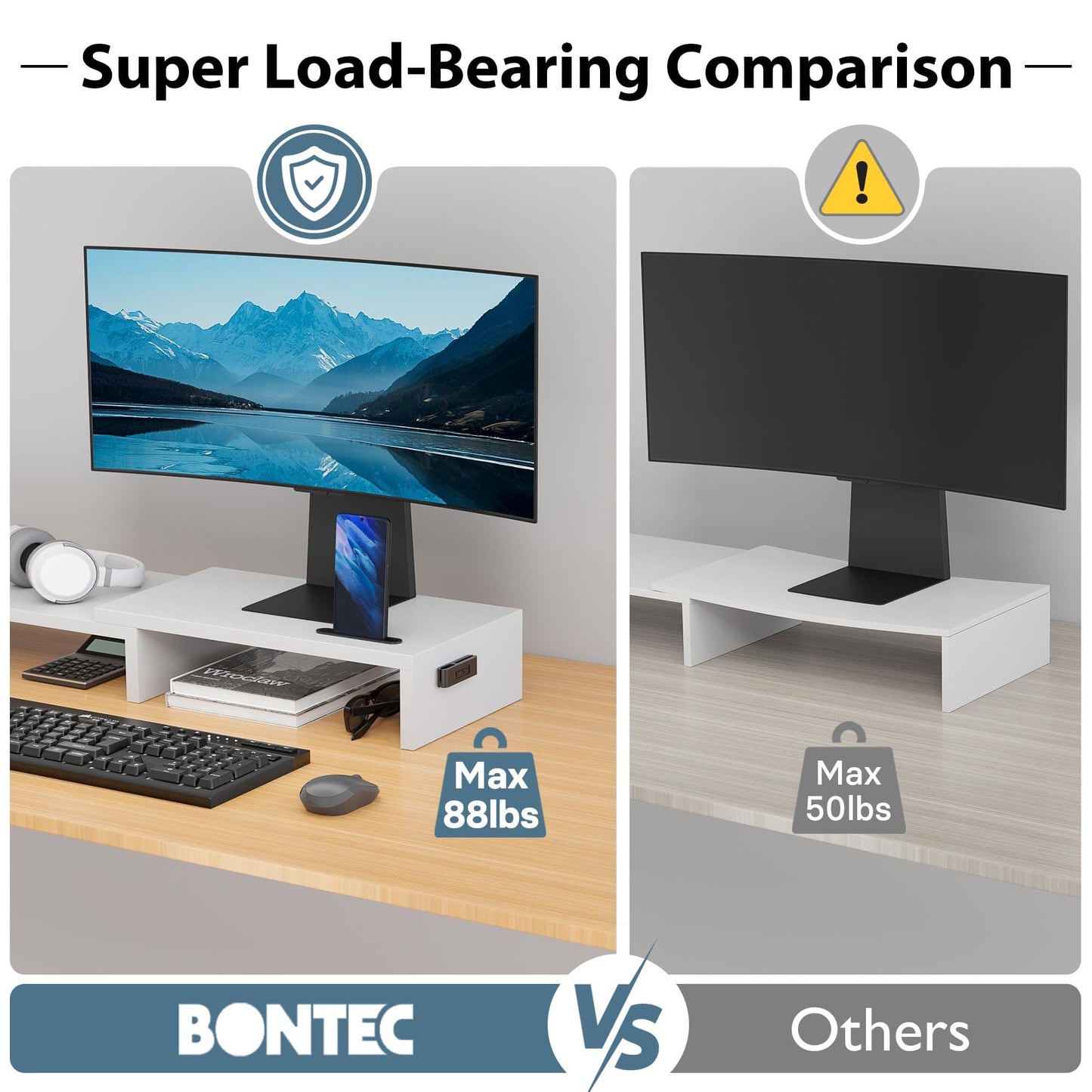BONTEC Dual Monitor Stand for Desk, Adjustable Length and Angle Monitor Stand Riser with Smartphone Holder, Desk Shelf for Top of Desk, Computer Monitor Stand with Storage, Office Desk Organizer, White
