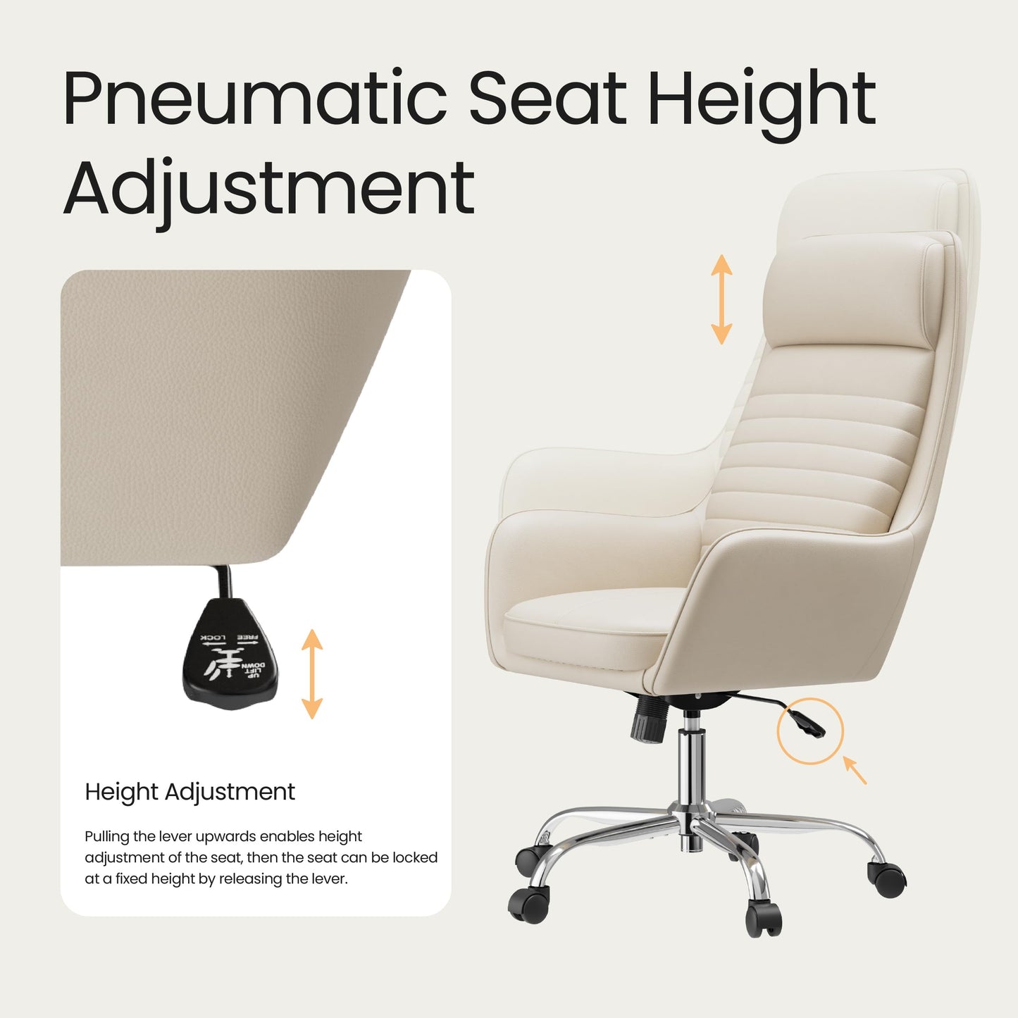 COLAMY Ellis High-Back Home Office Desk Chair, Leather Executive Chair with Integrated Armrests, Beige