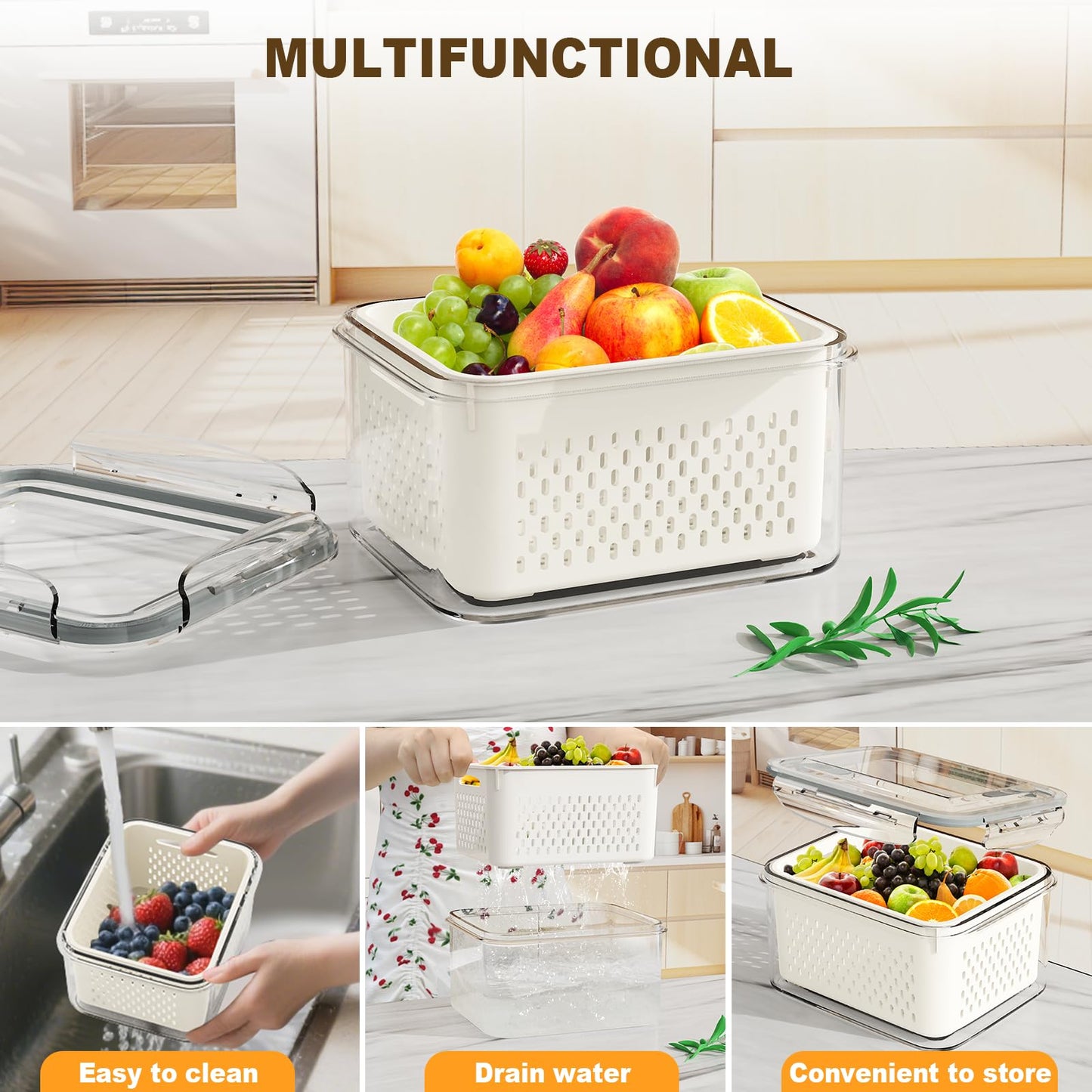 4 Pcs Fruit Storage Containers for Fridge (with Drain Basket) - Leak-Proof Food Containers, BPA-Free, Keep Fruits, Vegetables, Berries, and Meats Fresh for a Long Time, Dishwasher and Microwave Safe