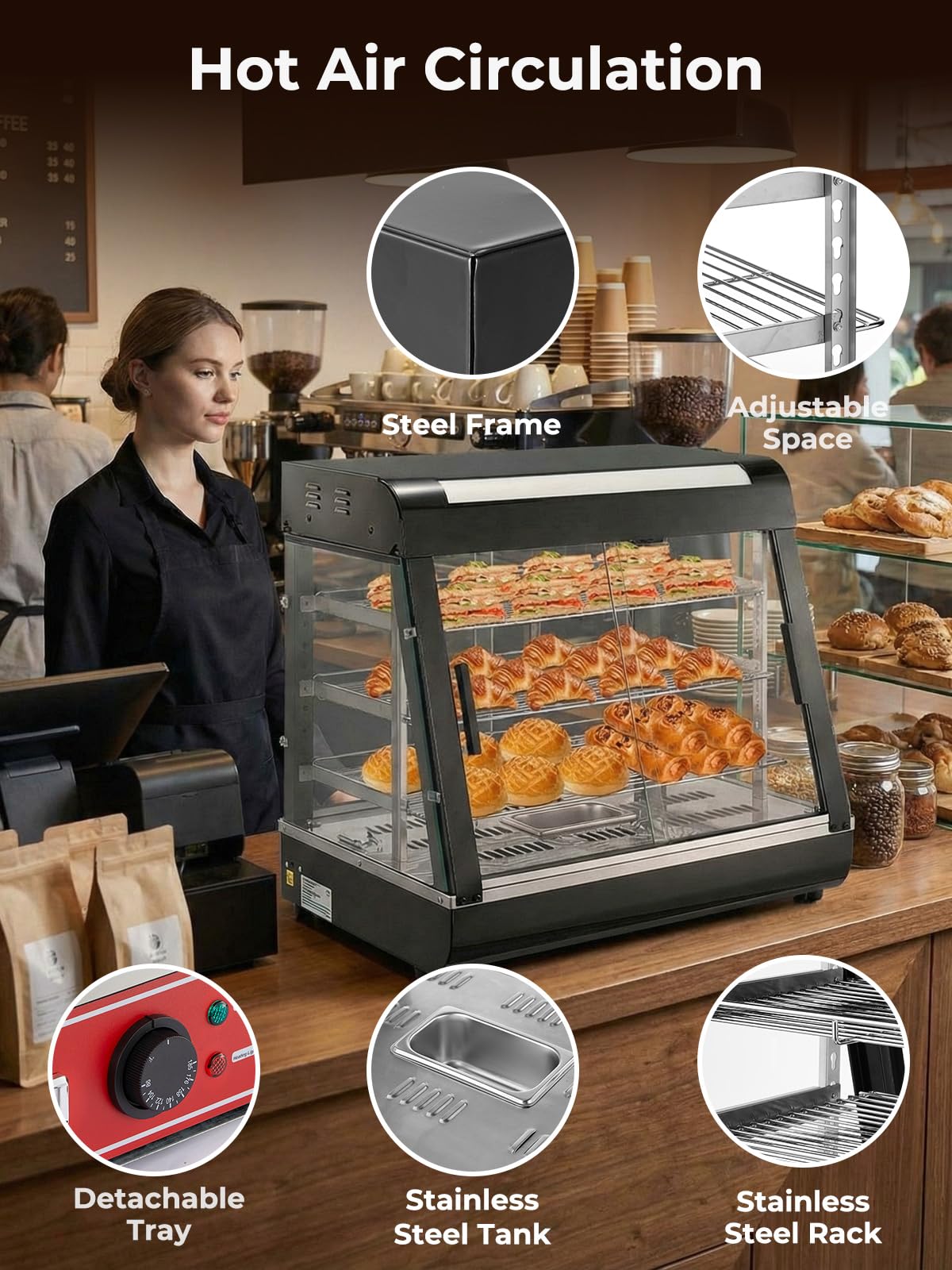 Commercial Food Warmer 26", 3-Tier Heated Display Case with Water Tray, 1200W Pizza Pastry Warmer, Adjustable Thermostat 86-185°F, LED Lighting, Removable Shelves for Buffet, Bakery, Catering