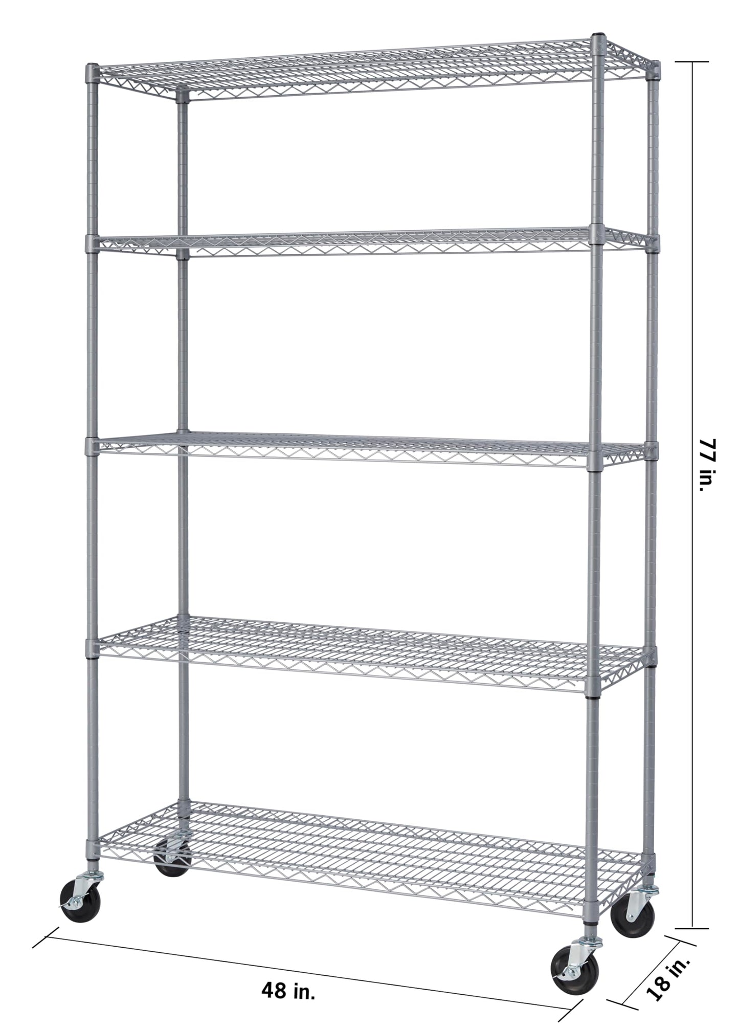 TRINITY EcoStorage Heavy Duty 5-Tier Adjustable Wire Shelving with Wheels for Outdoor Use, Garage Storage and More, NSF Certified, 800-4000 Lb Capacity, Gray, 48" W X 18" D X 72-77" H